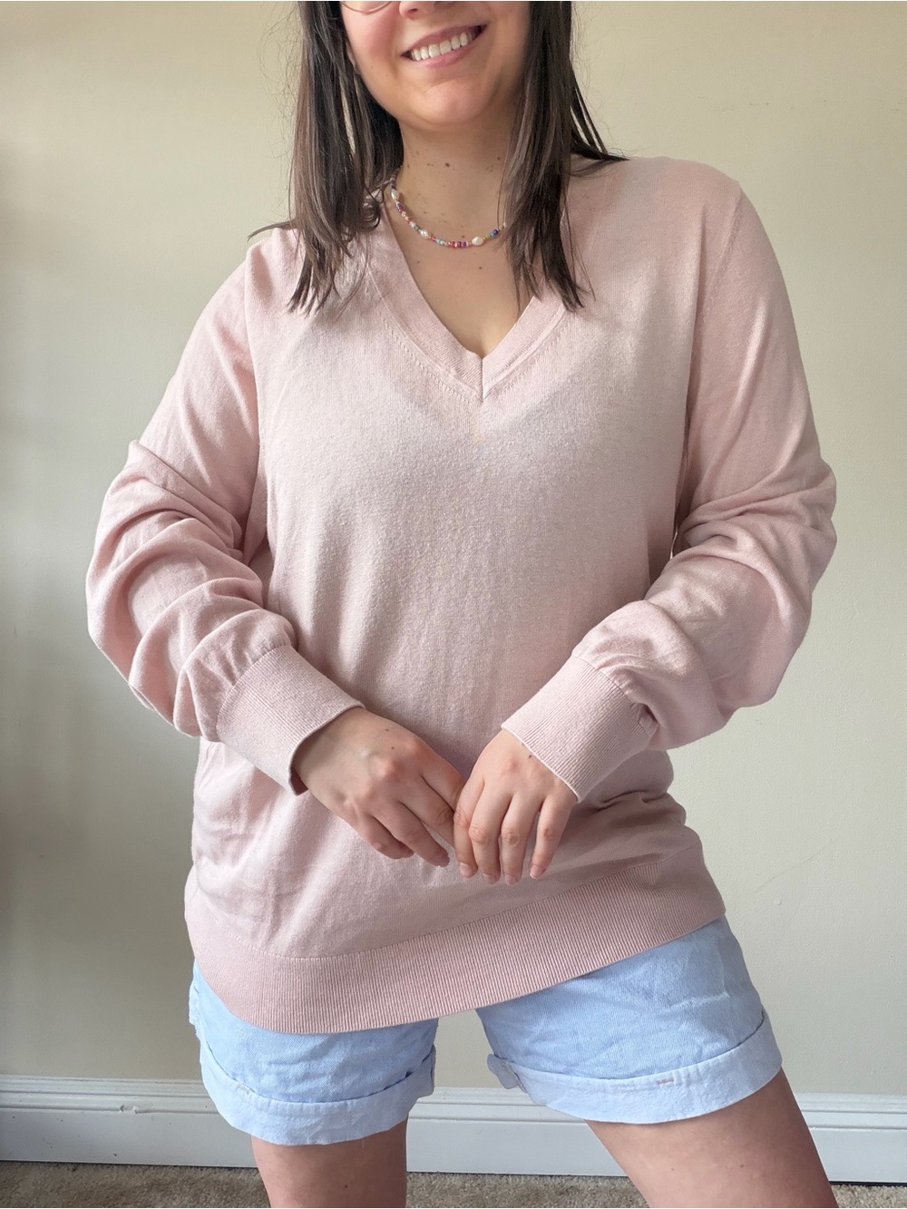 Quince Pale Pink V-Neck Sweater
